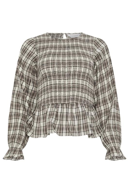 PixieGirl Petite Women's Brown Check Shirred Long Sleeve Top | PixieGirl 6