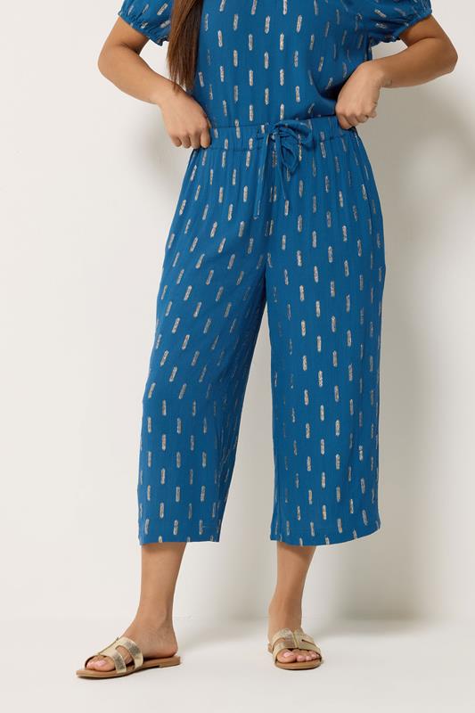  M&Co Petite Navy Blue Foil Detail Cropped Trousers