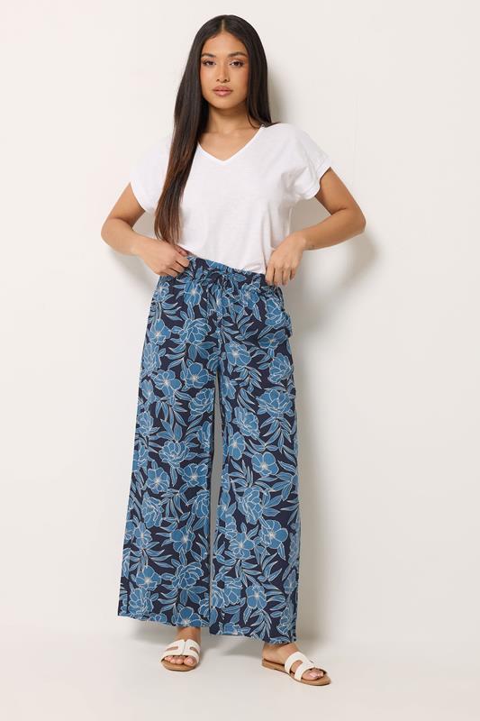  M&Co Navy Blue Floral Print Wide Leg Trousers