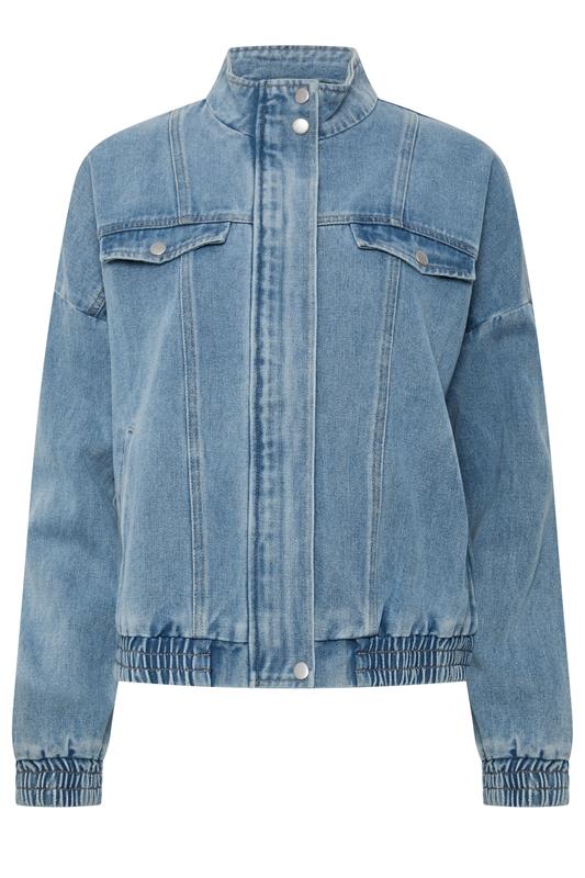 PixieGirl Petite Women's Mid Blue Funnel Neck Denim Trucker Jacket | PixieGirl 5