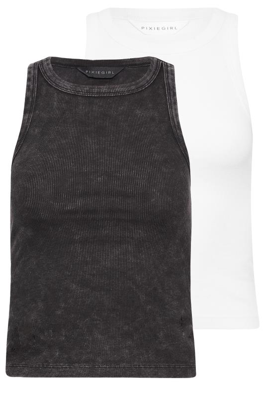 PixieGirl Petite Womens 2 PACK Black Acid Wash & White Plain Racer Neck Vest Tops | PixieGirl 7