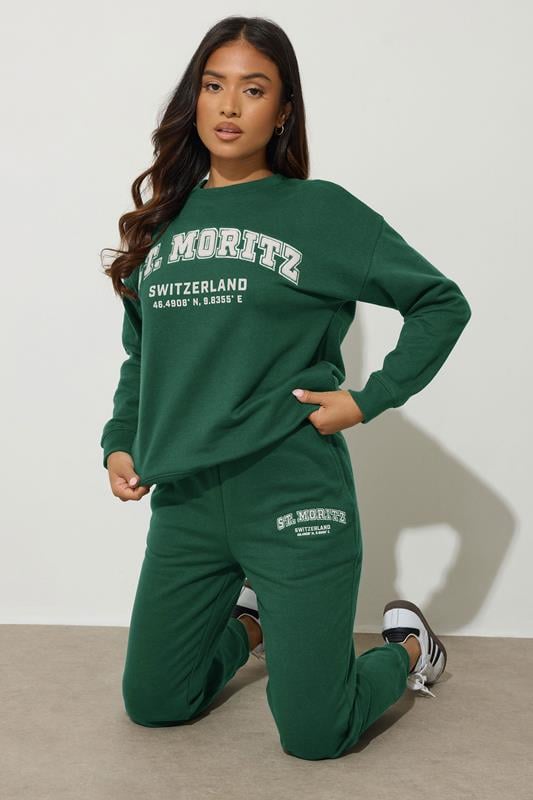 Petite  PixieGirl Petite Green St Moritz Slogan Sweatshirt