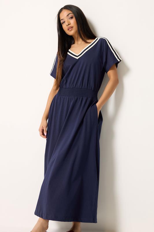 M&Co Petite Navy Blue Woven Trim Detail Cotton Maxi Dress