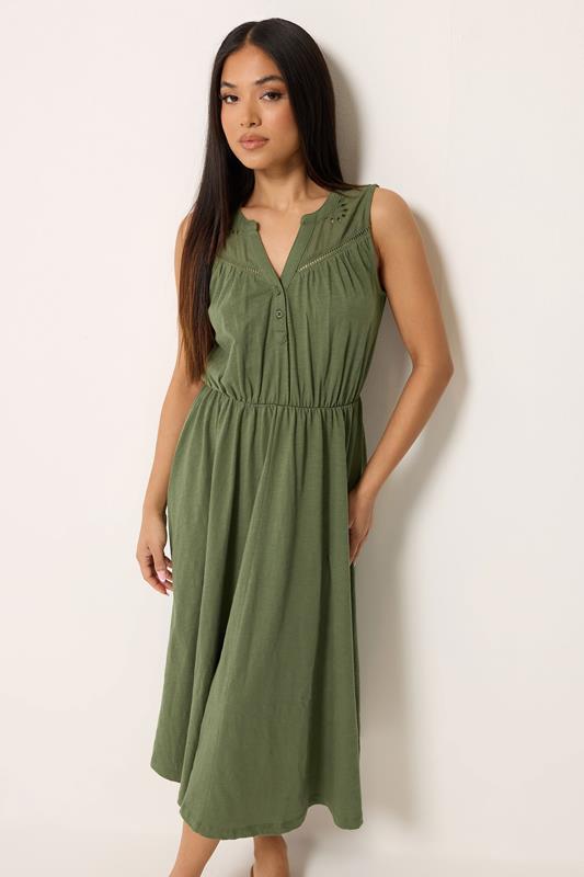 M&Co Petite Khaki Green Broderie Sleeveless Cotton Midi Dress | M&Co 1