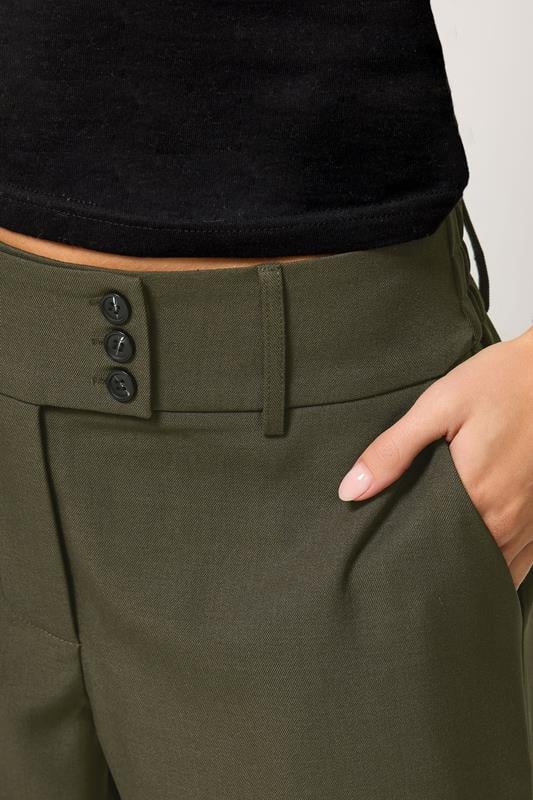 PixieGirl Petite Women's Olive Green Button Tab Detail Wide Leg Trousers | PixieGirl 4