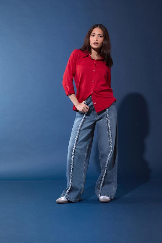  PixieGirl Petite Mid Blue Frayed Seam Wide Leg Jeans