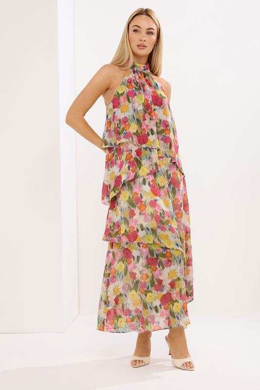STAR Pink Floral Tiered Halterneck Dress