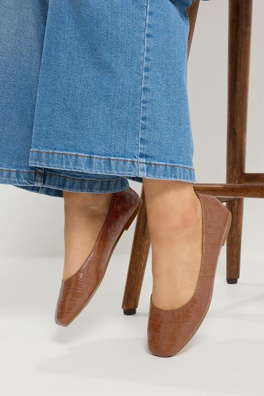  Yours Brown Croc Square Toe Ballet Pumps In Wide E Fit