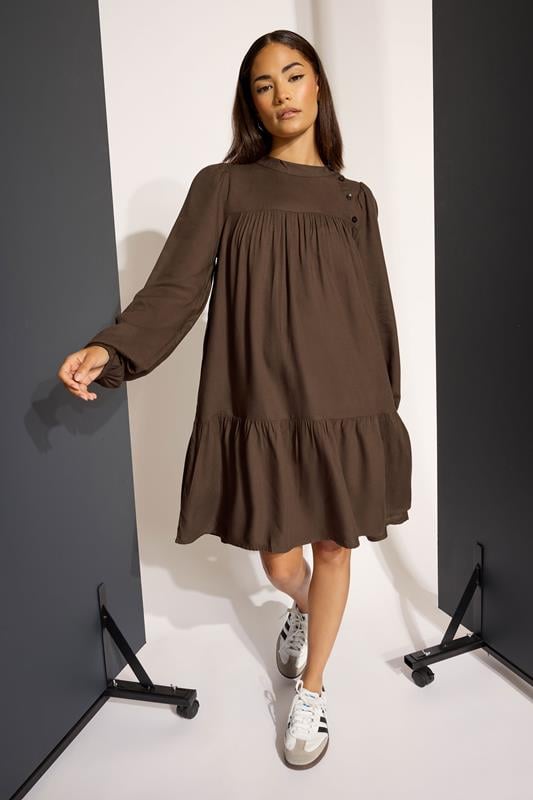 Petite  PixieGirl Petite Chocolate Brown Button Smock Midi Dress