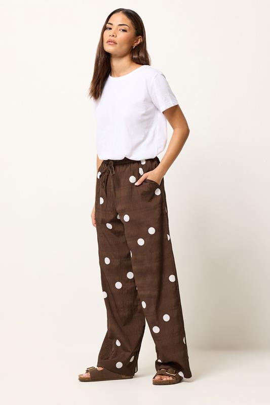 PixieGirl Petite Women's Chocolate Brown Polka Dot Wide Leg Trousers | PixieGirl  1