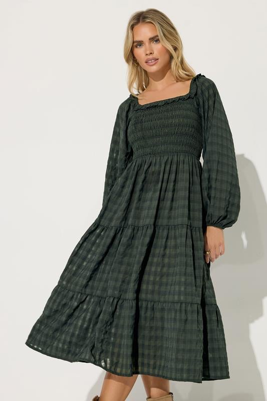 PixieGirl Petite Women's Green Crinkle Check Tiered Dress | PixieGirl 3