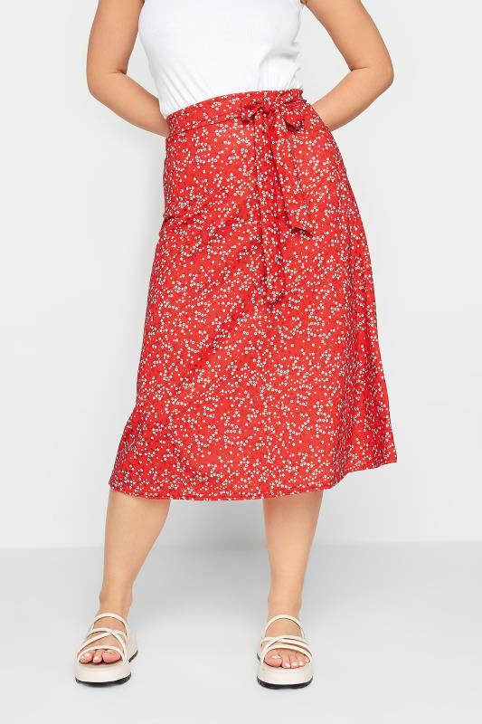 PixieGirl Red Ditsy Floral Midi Skirt | PixieGirl