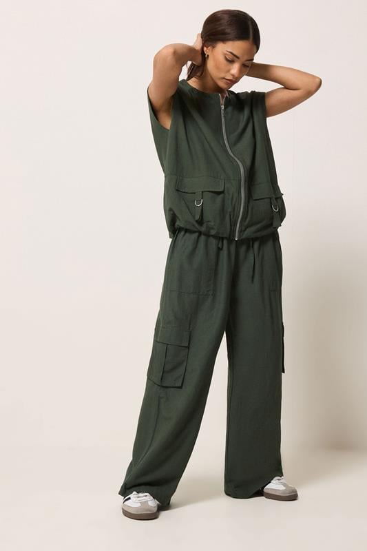  PixieGirl Petite Set Khaki Green Cotton Cargo Gilet & Wide Leg Trousers