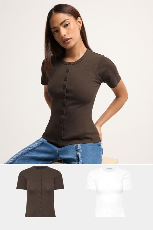 PixieGirl Petite 2 PACK White and Chocolate Brown Ribbed Top