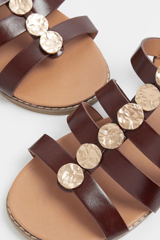 Chocolate Brown Hammered Disk Gladiator Sandals In Wide E Fit | Yours Clothing 5