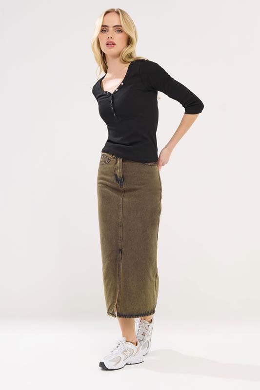 PixieGirl Petite Brown Acid Wash Midi Skirt