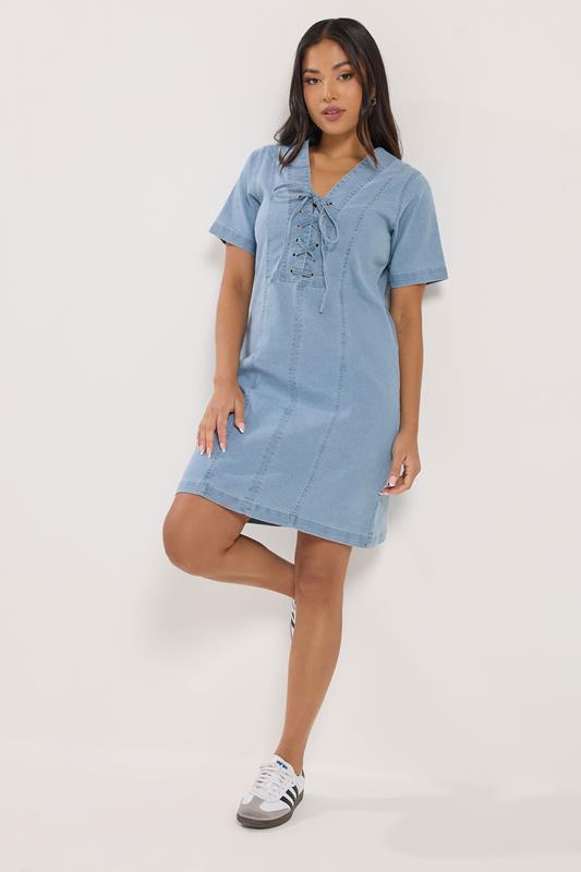 PixieGirl Petite Women's Light Blue Lace Up Denim Mini Dress | PixieGirl PixieGirl Petite Women's Light Blue Lace Up Denim Mini Dress | PixieGirl