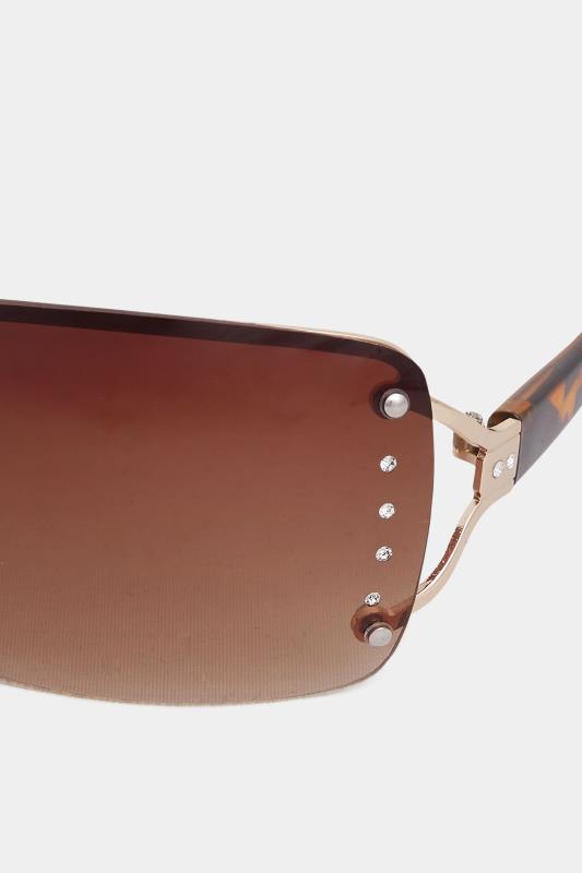 Brown Tortoiseshell Diamante Frameless Sunglasses | Yours Clothing 4