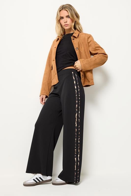 PixieGirl Petite Womens Black Leopard Print Side Stripe Wide Leg Trousers | PixieGirl 1