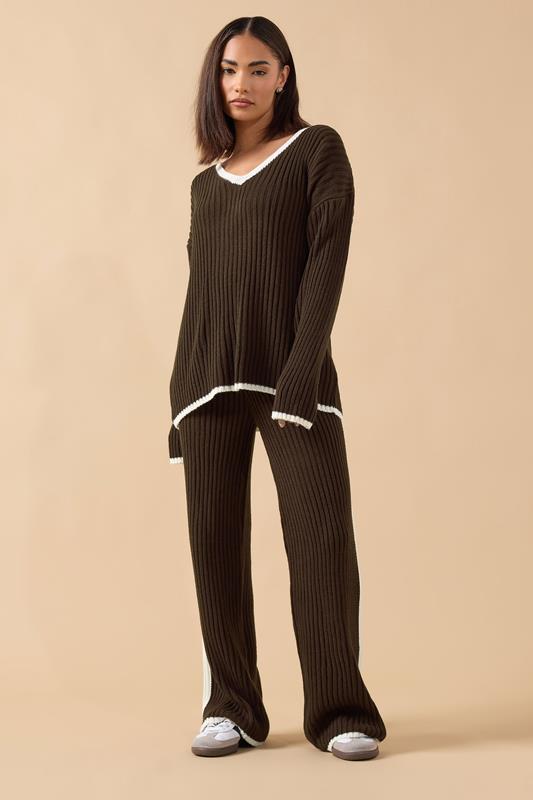 PixieGirl Petite Women's Chocolate Brown Knitted V-Neck Jumper | PixieGirl 2