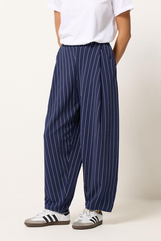 PixieGirl Petite Womens Navy Blue Stripe Barrel Leg Trousers | PixieGirl 1