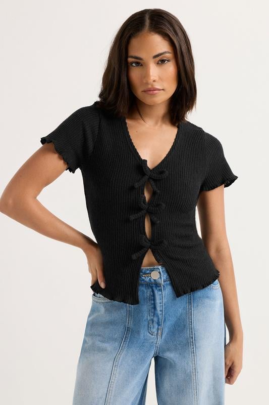 Petite  PixieGirl Petite Black Soft Touch Bow Front Top