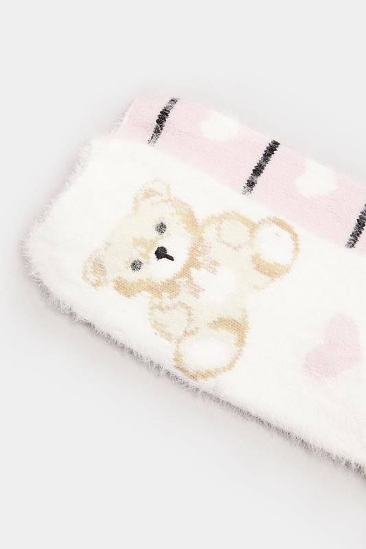 2 PACK White & Pink Teddy Bear Fluffy Bed Socks | Yours Clothing 5