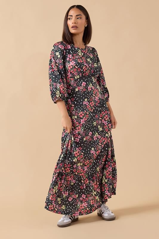 PixieGirl Petite Women's Black Spot & Floral Print Maxi Dress | PixieGirl 2