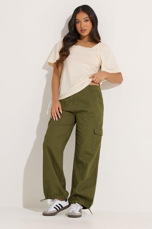 PixieGirl Petite Khaki Green Cuffed Cotton Cargo Trousers