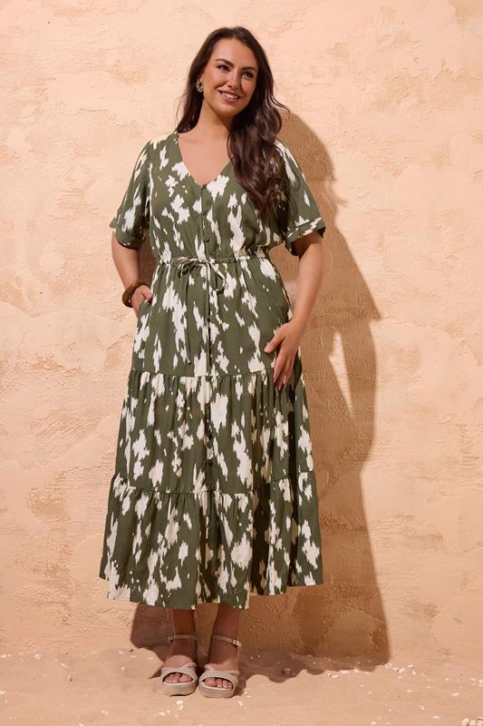  EVANS Curve Khaki Green Abstract Placket Dress