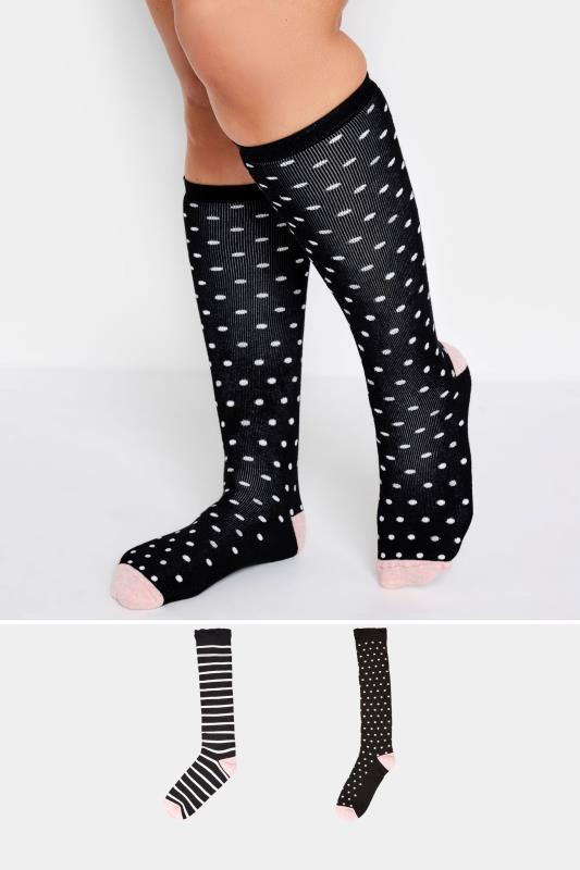 YOURS 2 PACK Black Stripe & Spot Print Welly Socks | Yours Clothing 1