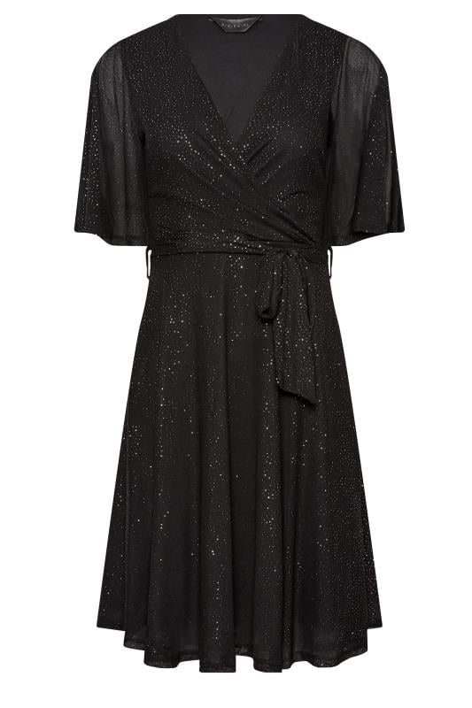 Petite Black Glitter Mesh Sleeve Wrap Mini Dress | PixieGirl  5