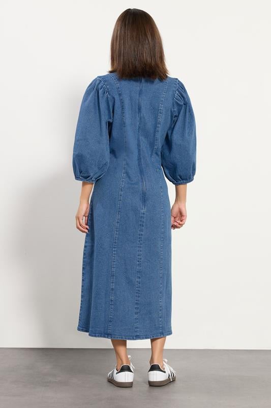 PixieGirl Petite Women's Mid Blue Puff Sleeve Midi Dress | PixieGirl 5