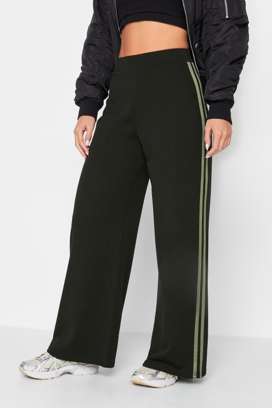 PixieGirl Black & Khaki Green Stripe Wide Leg Trousers | PixieGirl  1