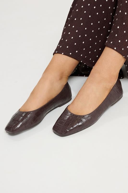  Yours Chocolate Brown Croc Print Ballerina Pumps In Wide E Fit
