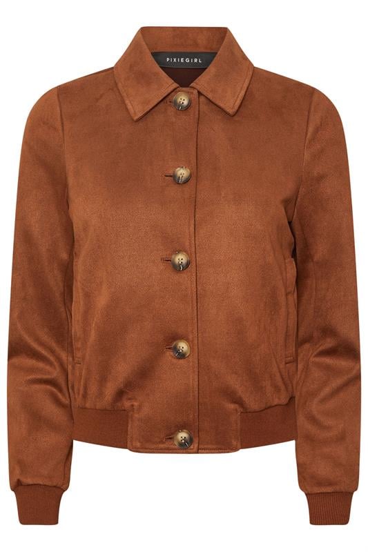 PixieGirl Petite Women's Tan Brown Suedette Collar Bomber Jacket | PixieGirl 5