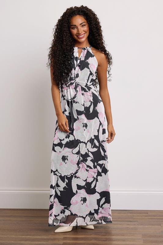  M&Co Petite Black & White Floral Mesh Knot Front Halter Dress