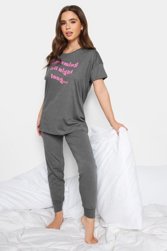 PixieGirl Petite Womens Charcoal Grey 'Dreaming All Night Long' Slogan Pyjama Set | PixieGirl 3