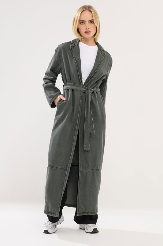 PixieGirl Petite Women's Grey Wash Denim Longline Trench Coat | PixieGirl 3
