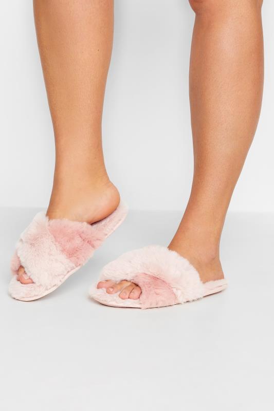 Plus Size  Yours Pink Vegan Faux Fur Cross Strap Slippers In Standard Fit