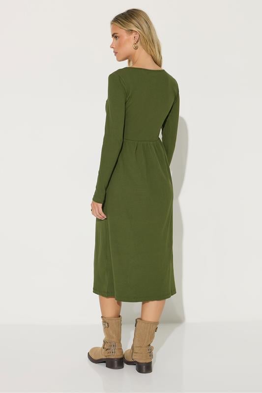 PixieGirl Petite Women's Khaki Green Ribbed Button Midaxi Dress | PixieGirl 3
