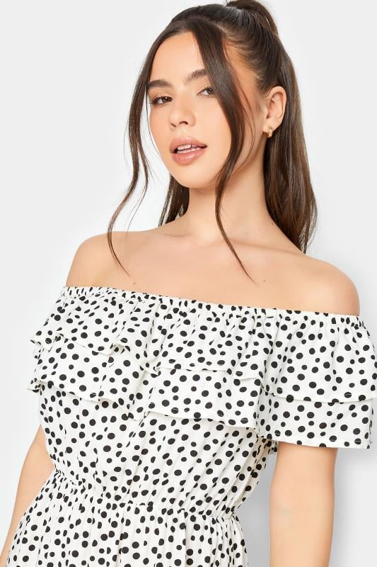 PixieGirl White Polka Dot Frill Bardot Maxi Dress | PixieGirl 4