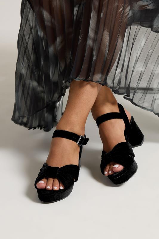 Plus Size  Yours Black Velvet Bow Strap Platform Heels In Extra Wide Fit