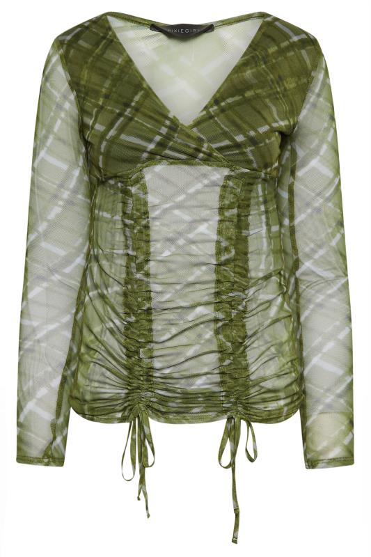Petite Green Checked Ruched Front Wrap Top | PixieGirl  7