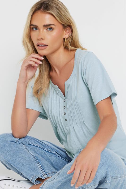 M&Co Petite Light Blue Cotton Short Sleeve Henley Top | M&Co 4