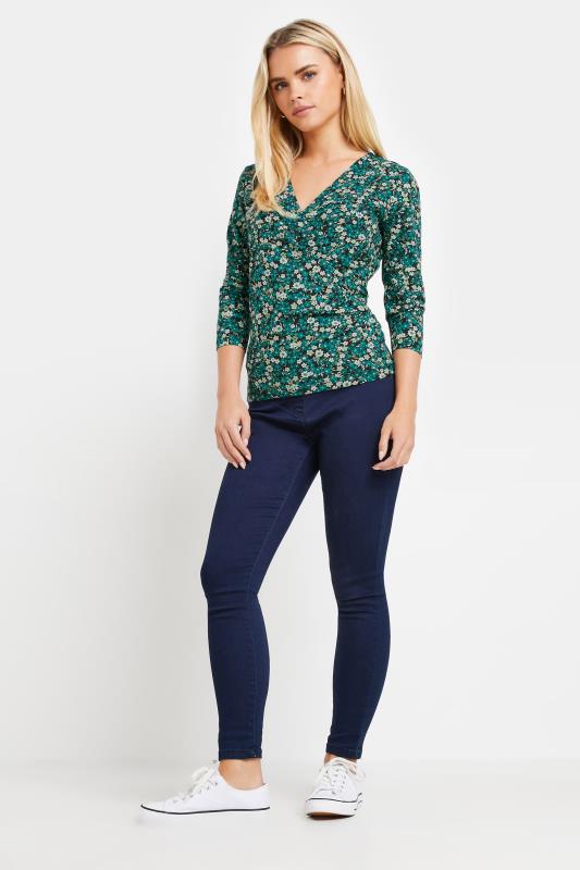 M&Co Petite Green Ditsy Floral Wrap Top | M&Co 1