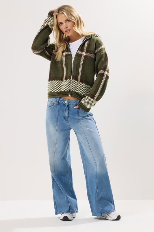 PixieGirl Petite Women's Green Knitted Check Zip Cardigan | PixieGirl 2