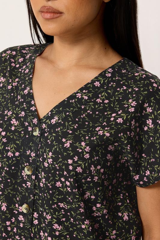M&Co Petite Berry Purple Ditsy Floral Print Button Front Blouse | M&Co 4
