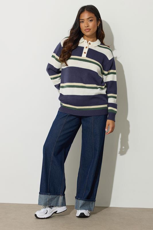 PixieGirl Petite Women's Navy Blue Stripe Rugby Jumper | PixieGirl 2
