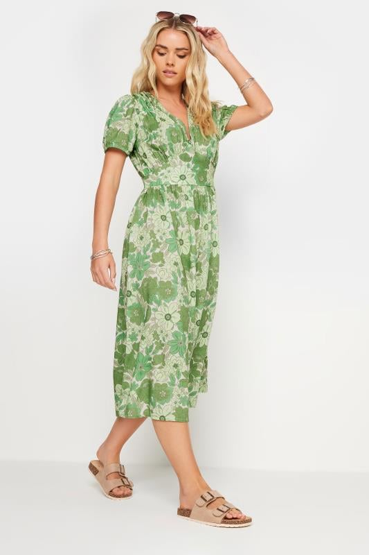 PixieGirl Green Retro Floral Print Midi Dress | PixieGirl 2